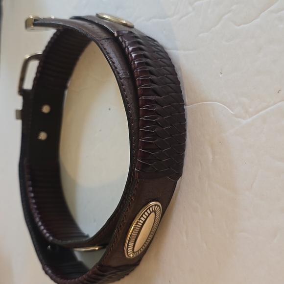 Womens Vintage Silver Buckle Tip Emblem Brown Woven Leather Belt Sz.34 main image 12
